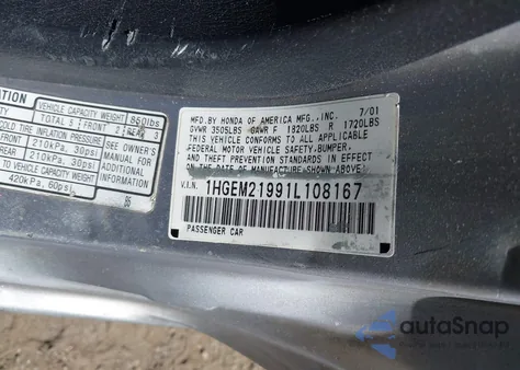 2001 Honda Civic Ex from USA, damaged, VIN 1HGEM21991L108167